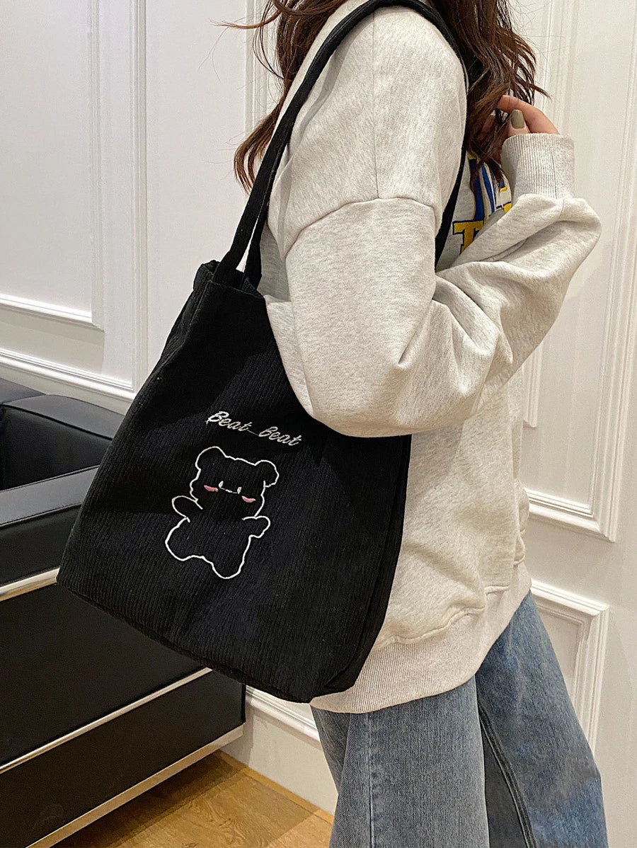 Lightweight,Business Casual Animal Embroidery Corduroy Tote Bag, Cartoon Pattern Shoulder Bag, Casual Hand School Purse For Teen Girls Women College Students,Rookies & White-collar Workers Perfect for