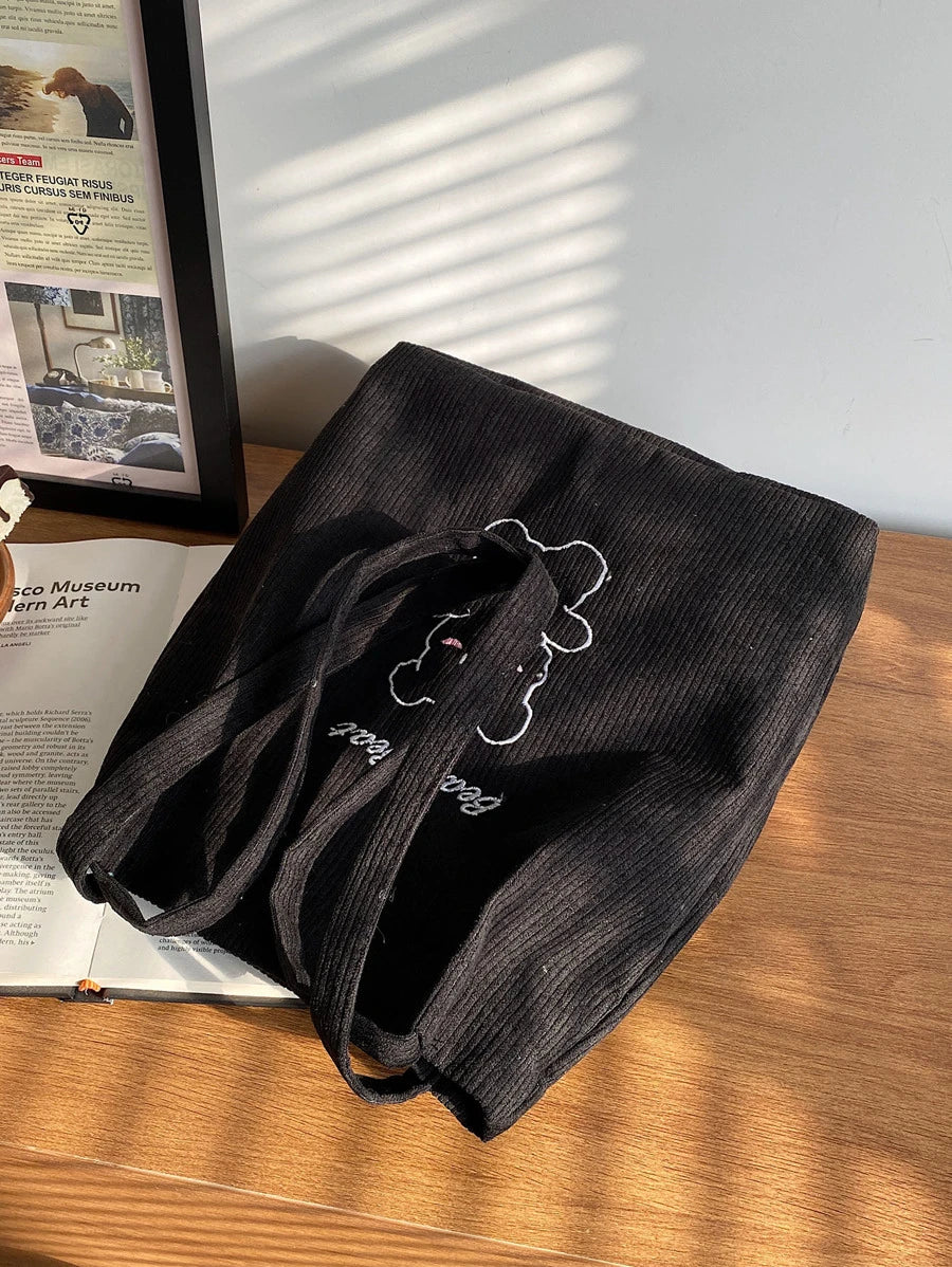 Lightweight,Business Casual Animal Embroidery Corduroy Tote Bag, Cartoon Pattern Shoulder Bag, Casual Hand School Purse For Teen Girls Women College Students,Rookies & White-collar Workers Perfect for