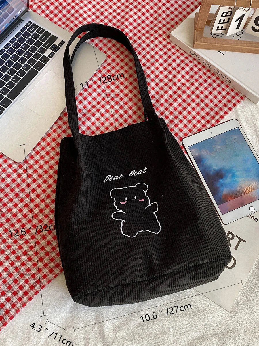 Lightweight,Business Casual Animal Embroidery Corduroy Tote Bag, Cartoon Pattern Shoulder Bag, Casual Hand School Purse For Teen Girls Women College Students,Rookies & White-collar Workers Perfect for