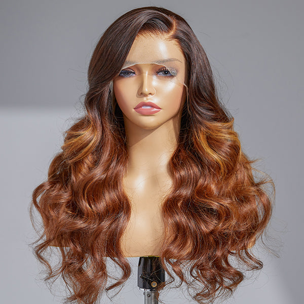 Amanda Honey Brown Highlight Glueless 13x4 Frontal Lace Side Part Long Wig | Large & Small Cap Size