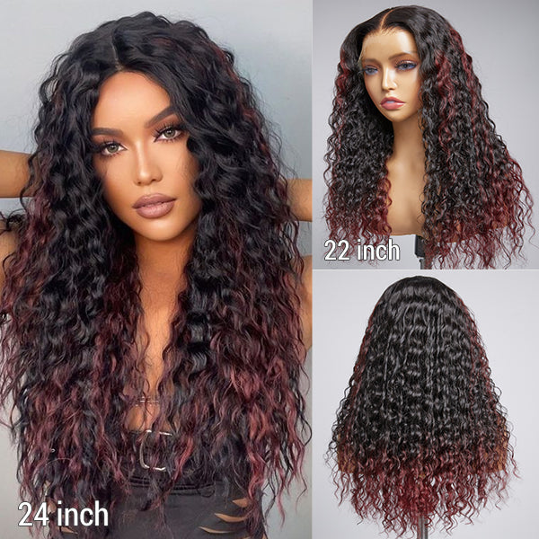 Burgundy Tails Highlight Deep Wave Glueless 13x4 Frontal HD Lace Long Wig 100% human hair