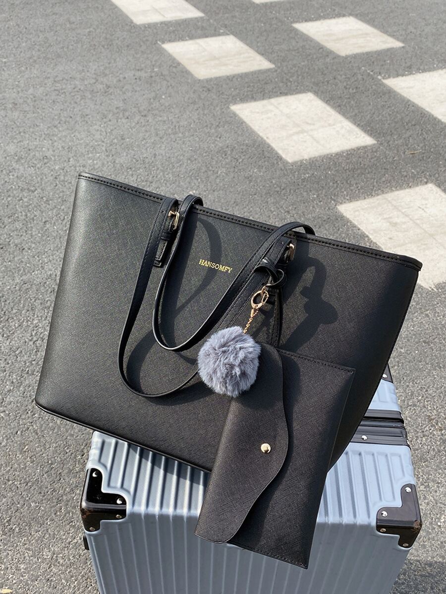 Fashionable Minimalist Style Tote Bag With Pendant & Pom-Pom Ball, 2pcs/Set, Large Capacity