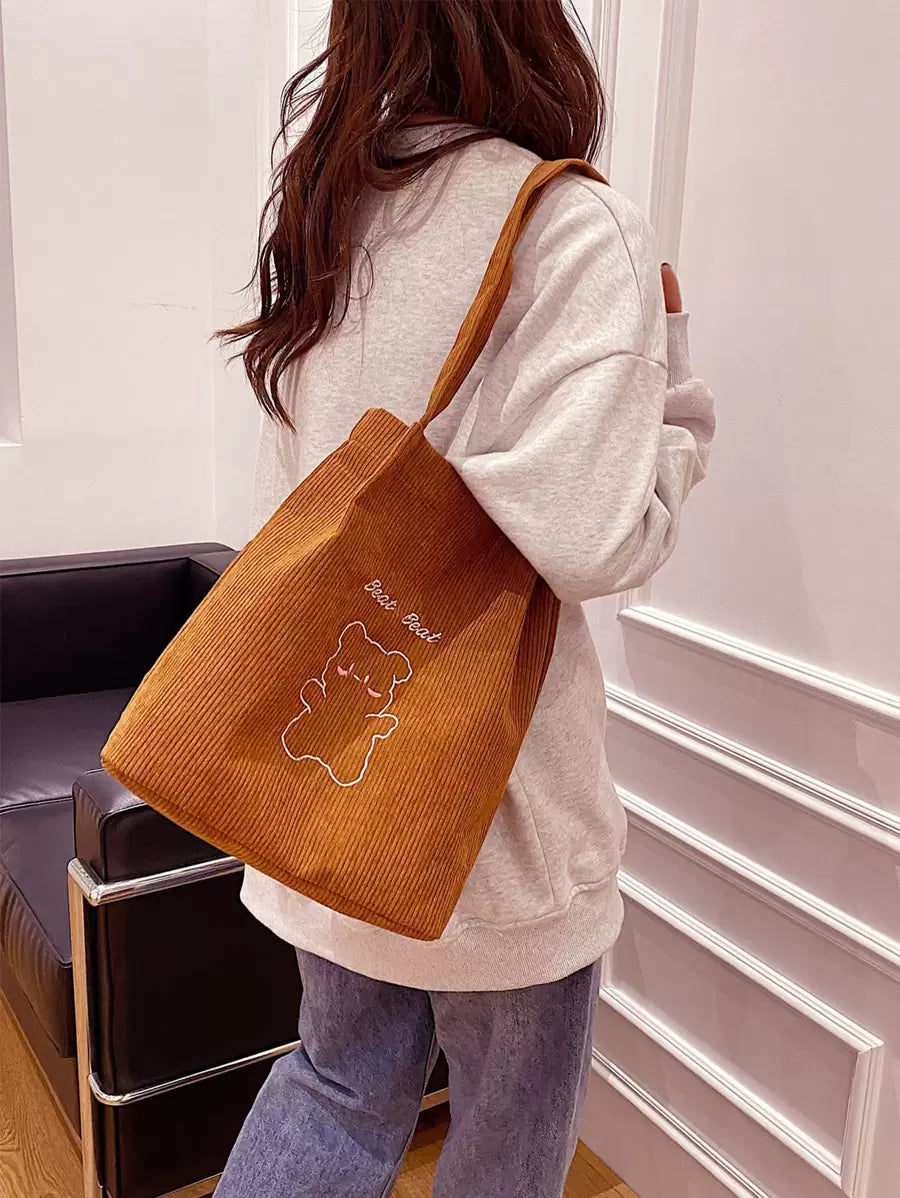 Lightweight,Business Casual Animal Embroidery Corduroy Tote Bag, Cartoon Pattern Shoulder Bag, Casual Hand School Purse For Teen Girls Women College Students,Rookies & White-collar Workers Perfect for