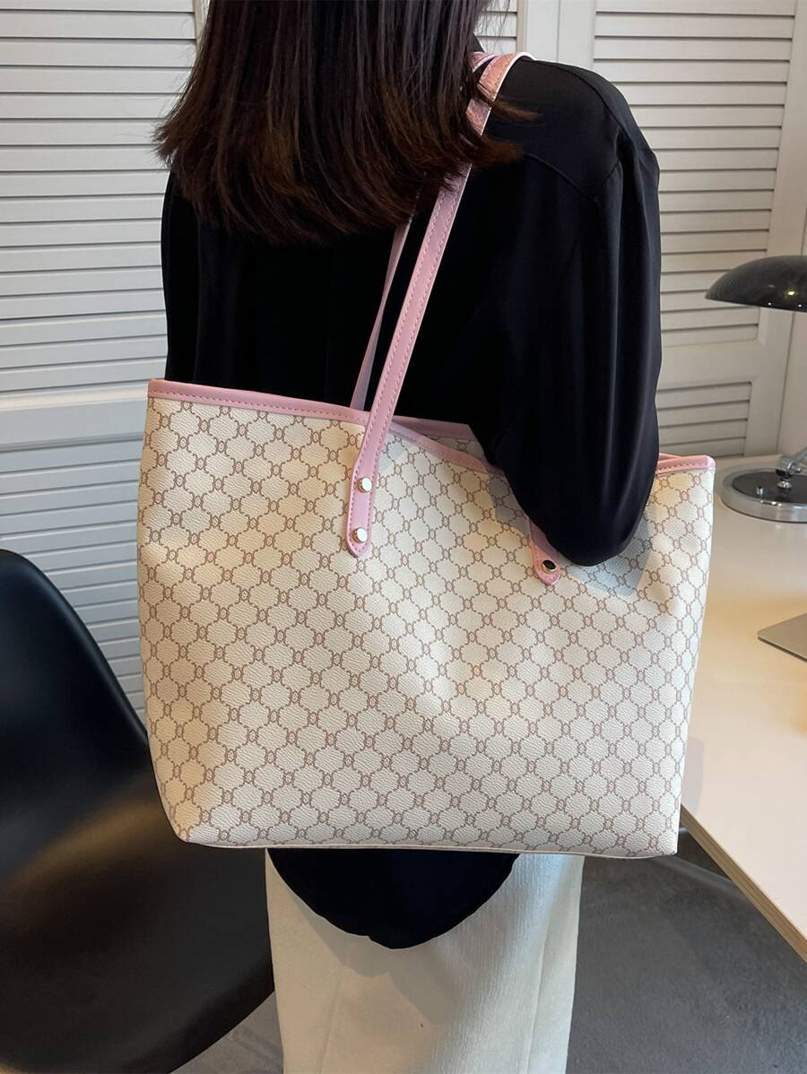 SHIMEINI 1pc 2026 New European & American Fashion Patchwork Tote Bag, Large Capacity Travel Bag, Shopping Bag, Suitable For Women's Daily Use, Work Commute, Back To School Students, Vacation Travel, H