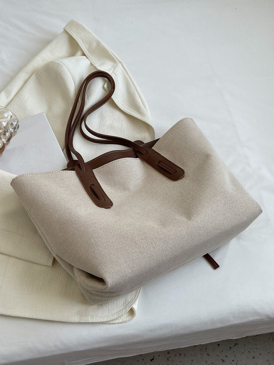 1pc Beige & Brown PU Fabric Fashion Minimalist Large Capacity Colorblock Tote Bag With Zipper Closure, Suitable For Women's Daily Commute, Work, College Student Class, Casual Versatile Shoulder Bag, S