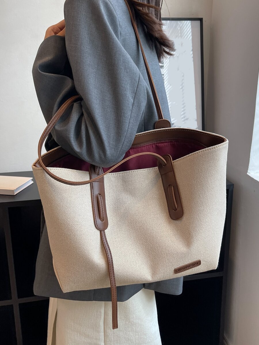 1pc Beige & Brown PU Fabric Fashion Minimalist Large Capacity Colorblock Tote Bag With Zipper Closure, Suitable For Women's Daily Commute, Work, College Student Class, Casual Versatile Shoulder Bag, S