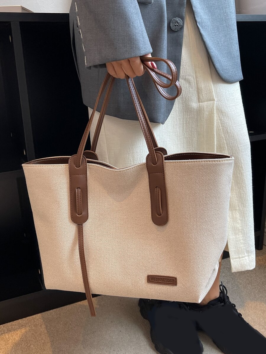 1pc Beige & Brown PU Fabric Fashion Minimalist Large Capacity Colorblock Tote Bag With Zipper Closure, Suitable For Women's Daily Commute, Work, College Student Class, Casual Versatile Shoulder Bag, S