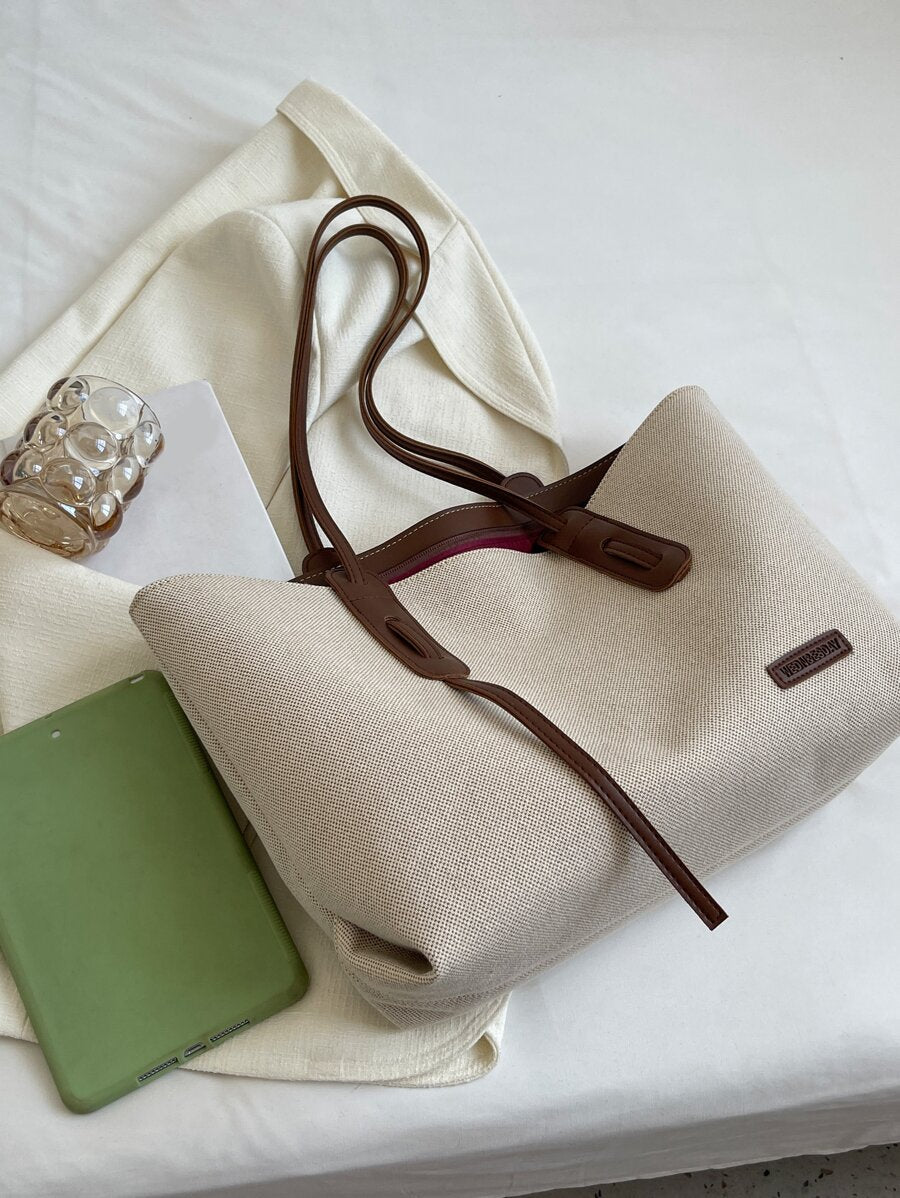 1pc Beige & Brown PU Fabric Fashion Minimalist Large Capacity Colorblock Tote Bag With Zipper Closure, Suitable For Women's Daily Commute, Work, College Student Class, Casual Versatile Shoulder Bag, S