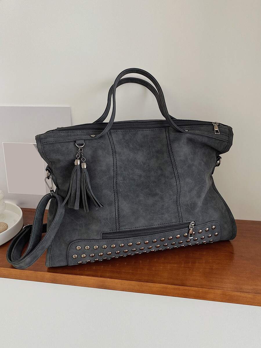 Minimalist Lightweight,Portable,Classic,Casual Large Capacity Tote Bag With Rivet And Tassel Decoration For Teen Girls Women College Students,Teacher,White-Collar Workers,Rookies & White-Collar Worker