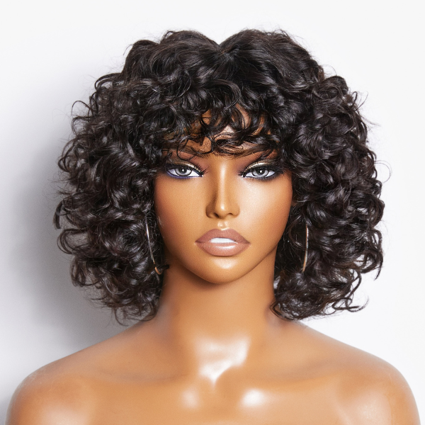 Light Weight Short Cut Water Wave Glueless Minimalist Lace Wig with Curly Bangs - US Only
