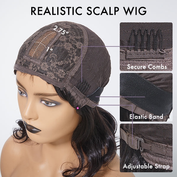 Light Weight Short Cut Water Wave Glueless Minimalist Lace Wig with Curly Bangs - US Only