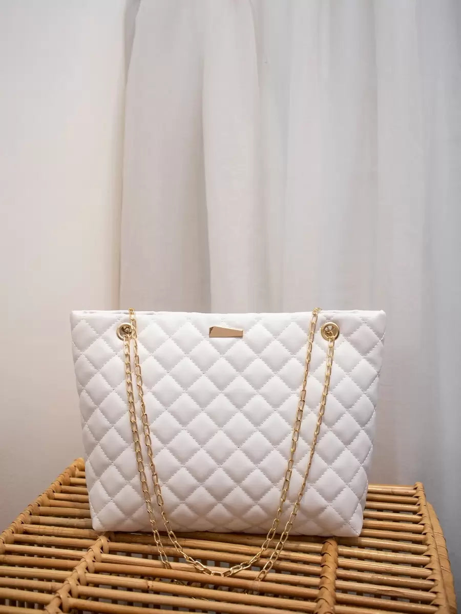 Women's Fashion Tote Bag, Quilted Large Capacity Chain Tote Bag, Versatile Ladies Handbag, Minimalist Style Shoulder Tote Bag