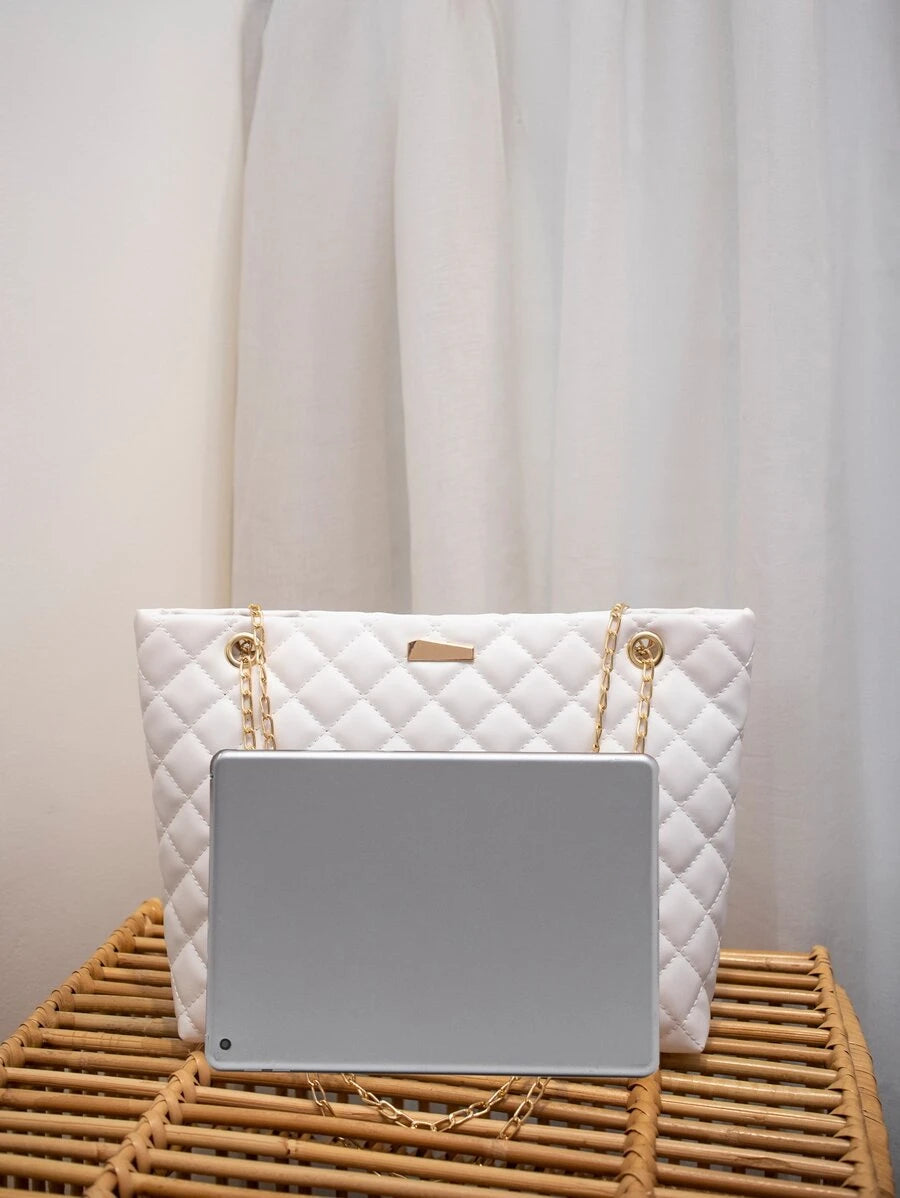 Women's Fashion Tote Bag, Quilted Large Capacity Chain Tote Bag, Versatile Ladies Handbag, Minimalist Style Shoulder Tote Bag
