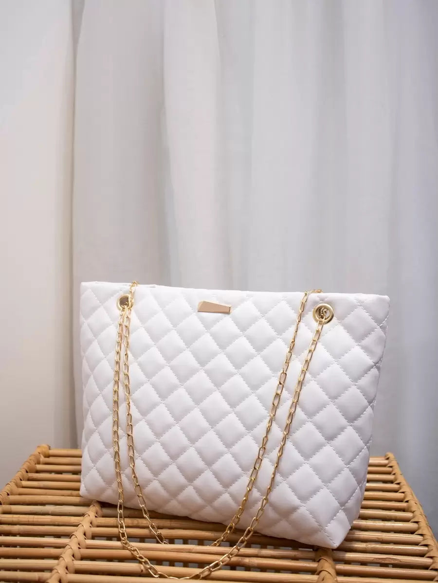Women's Fashion Tote Bag, Quilted Large Capacity Chain Tote Bag, Versatile Ladies Handbag, Minimalist Style Shoulder Tote Bag