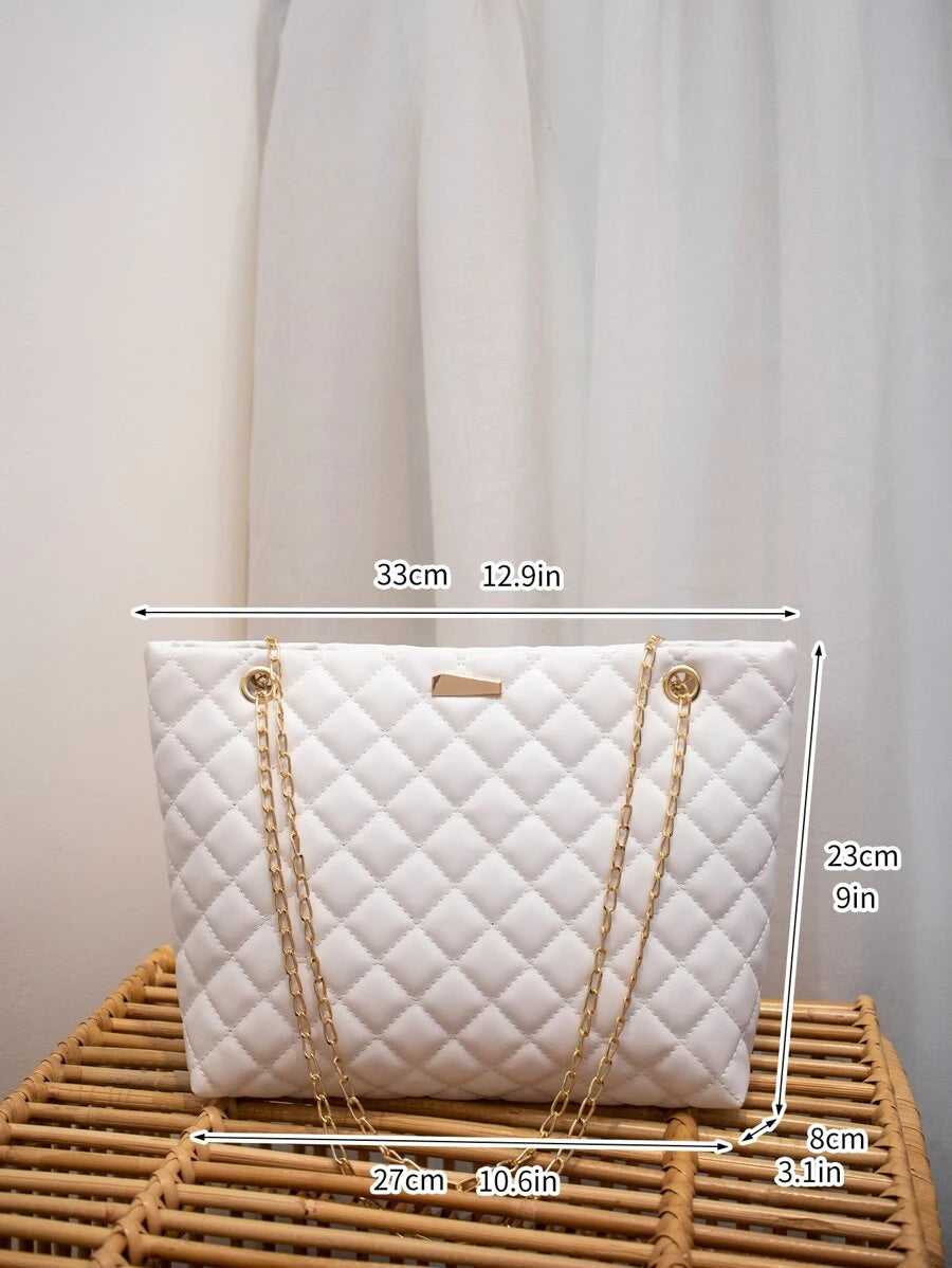 Women's Fashion Tote Bag, Quilted Large Capacity Chain Tote Bag, Versatile Ladies Handbag, Minimalist Style Shoulder Tote Bag