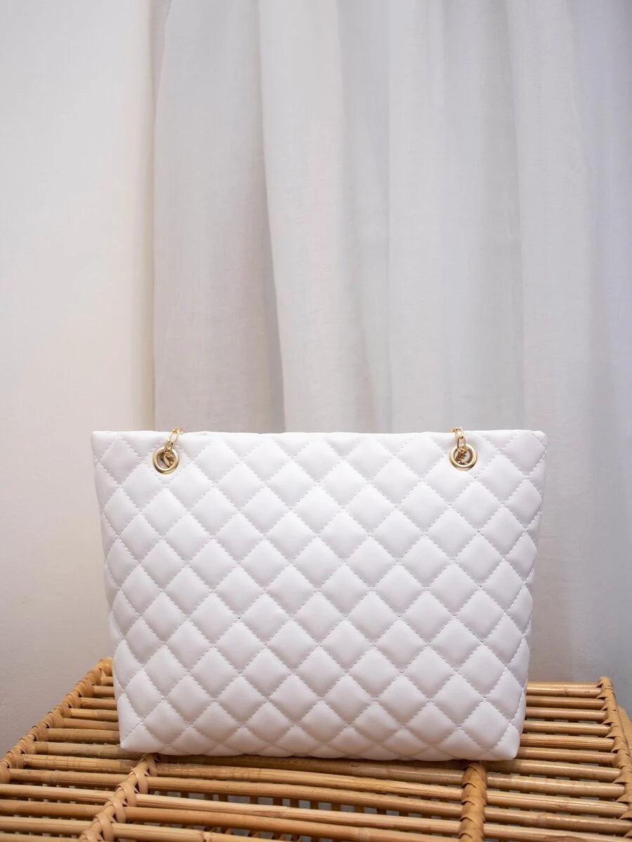 Women's Fashion Tote Bag, Quilted Large Capacity Chain Tote Bag, Versatile Ladies Handbag, Minimalist Style Shoulder Tote Bag