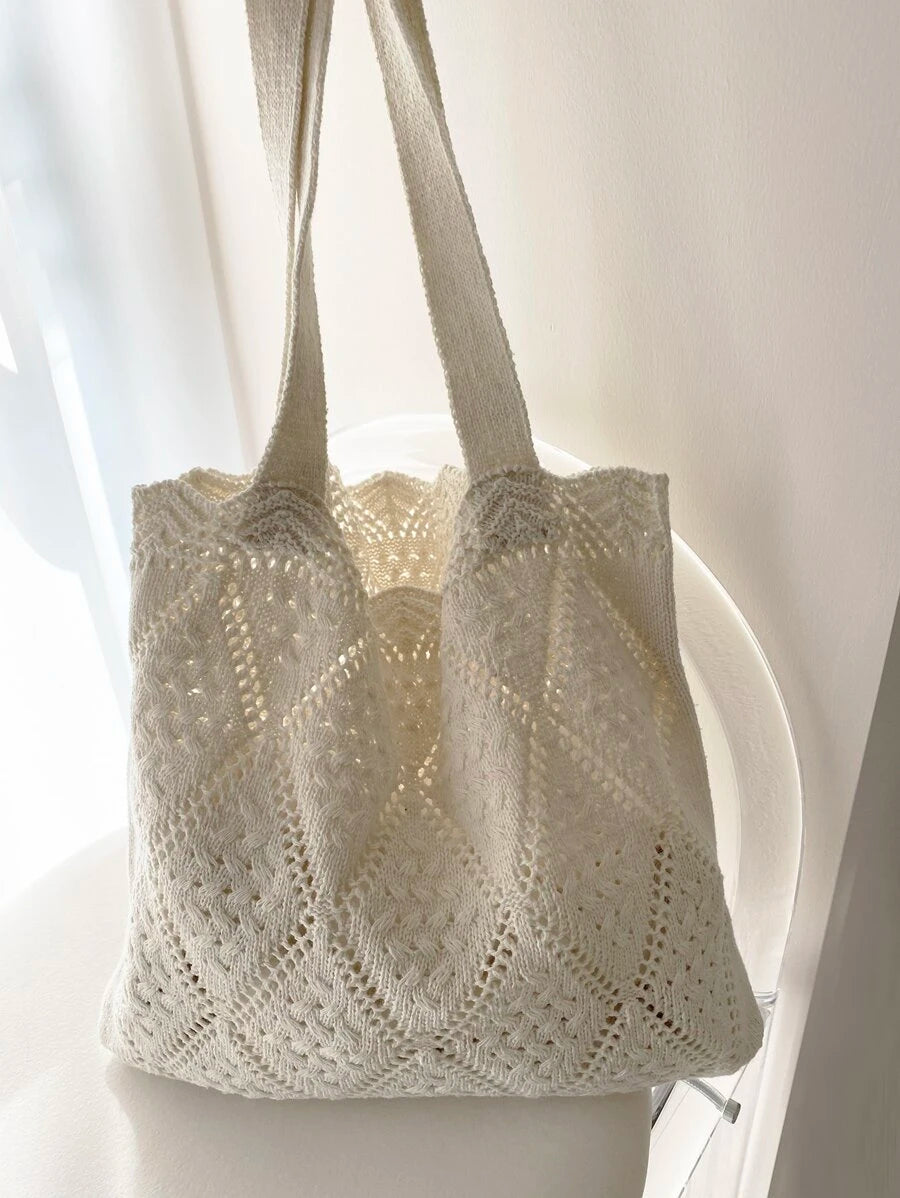 Women's Crochet Handbag, Hollow Out Solid Color, Vacation Style, Suitable For Shopping And Outings