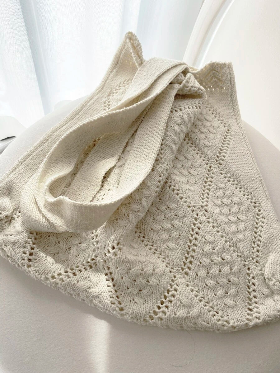 Women's Crochet Handbag, Hollow Out Solid Color, Vacation Style, Suitable For Shopping And Outings.