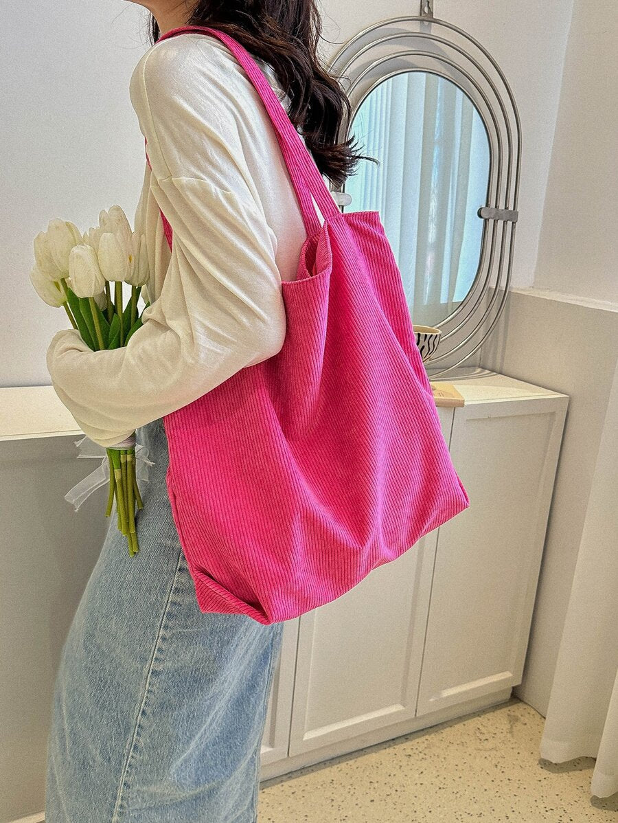 1pc Corduroy Tote Bag, Slouchy Large Capacity Handbag, Vintage Striped Corduroy Fabric, Minimalist Casual Aesthetic, Versatile Bag Suitable For Women Students And Commuters (Due To Lighting And Angle