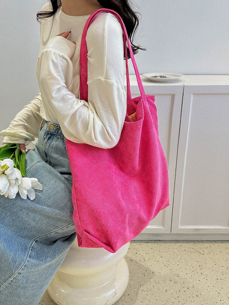 1pc Corduroy Tote Bag, Slouchy Large Capacity Handbag, Vintage Striped Corduroy Fabric, Minimalist Casual Aesthetic, Versatile Bag Suitable For Women Students And Commuters (Due To Lighting And Angle