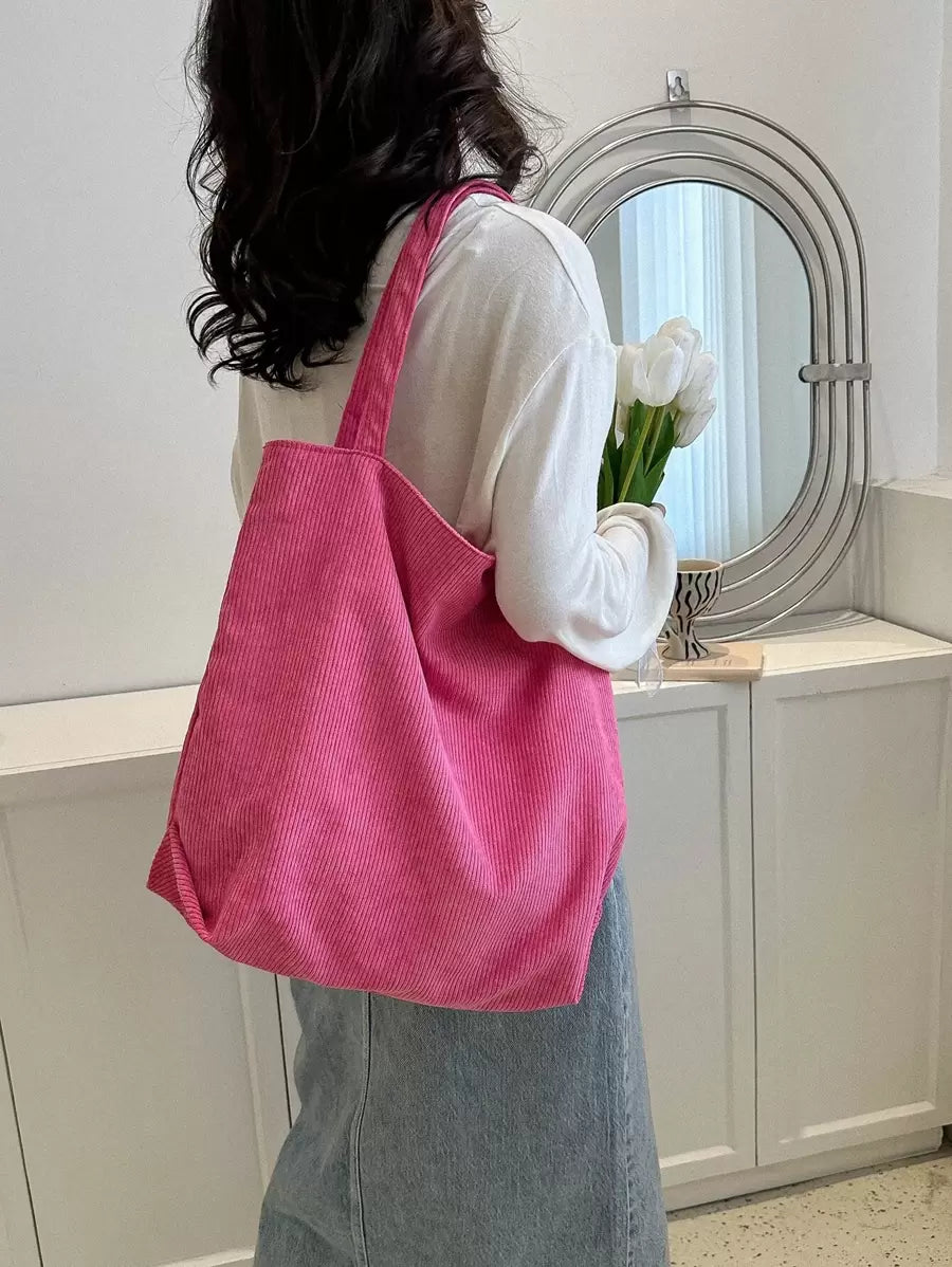 1pc Corduroy Tote Bag, Slouchy Large Capacity Handbag, Vintage Striped Corduroy Fabric, Minimalist Casual Aesthetic, Versatile Bag Suitable For Women Students And Commuters (Due To Lighting And Angle