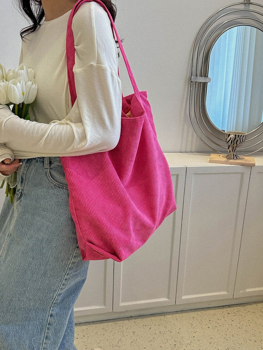 1pc Corduroy Tote Bag, Slouchy Large Capacity Handbag, Vintage Striped Corduroy Fabric, Minimalist Casual Aesthetic, Versatile Bag Suitable For Women Students And Commuters (Due To Lighting And Angle