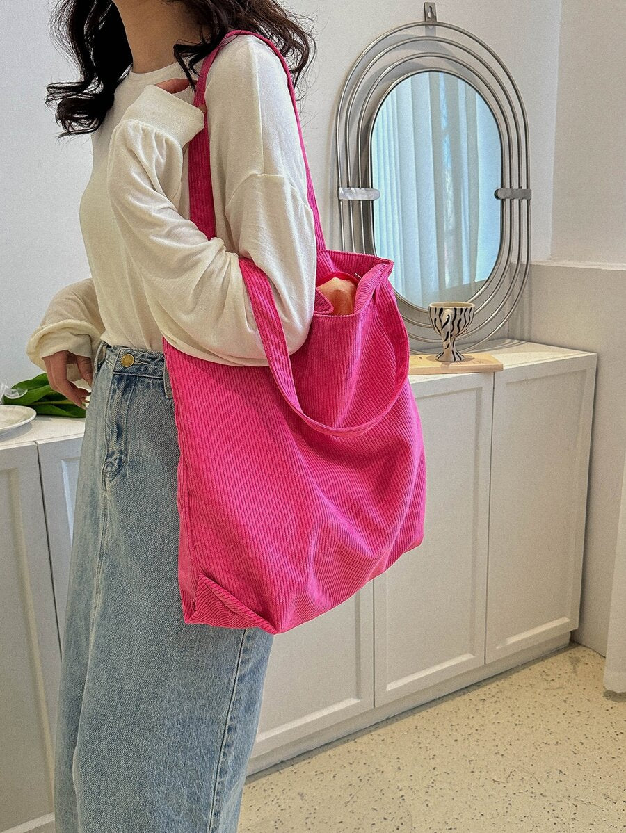 1pc Corduroy Tote Bag, Slouchy Large Capacity Handbag, Vintage Striped Corduroy Fabric, Minimalist Casual Aesthetic, Versatile Bag Suitable For Women Students And Commuters (Due To Lighting And Angle