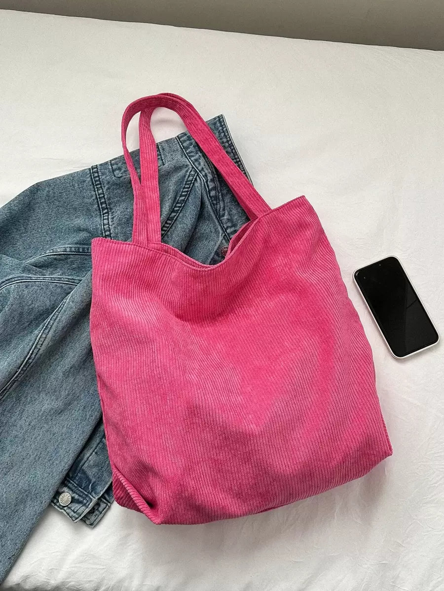 1pc Corduroy Tote Bag, Slouchy Large Capacity Handbag, Vintage Striped Corduroy Fabric, Minimalist Casual Aesthetic, Versatile Bag Suitable For Women Students And Commuters (Due To Lighting And Angle
