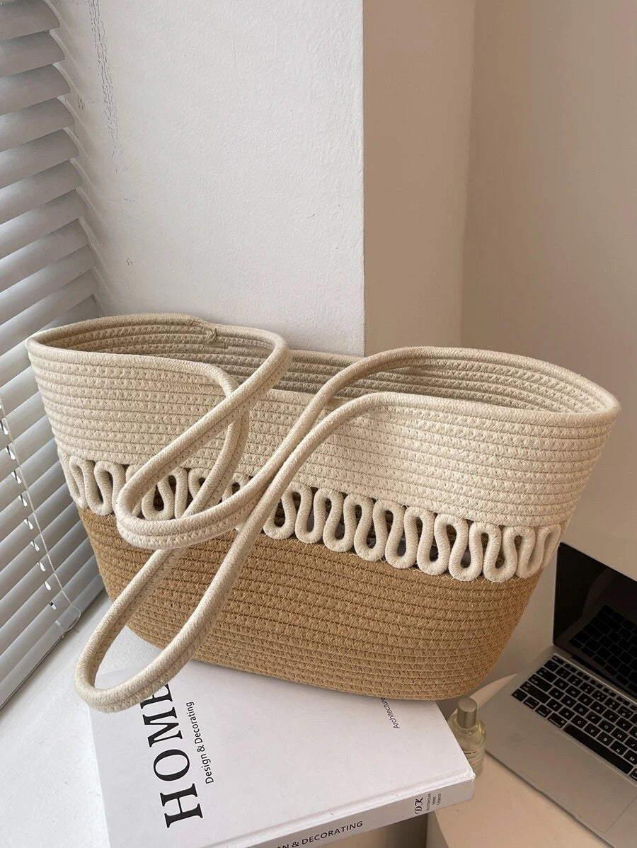 Large Capacity Straw Bag Double Handle Colorblock Knitting Kits Fabric Khaki Beach Bag Large Capacity Handmade Straw Summer Holiday Leisure Bag Women Bags Shopping Bags,Summer Essentials,Perfect For V