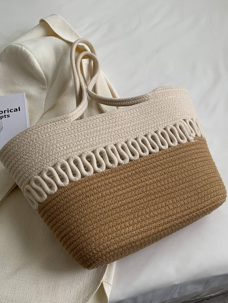 Large Capacity Straw Bag Double Handle Colorblock Knitting Kits Fabric Khaki Beach Bag Large Capacity Handmade Straw Summer Holiday Leisure Bag Women Bags Shopping Bags,Summer Essentials,Perfect For V