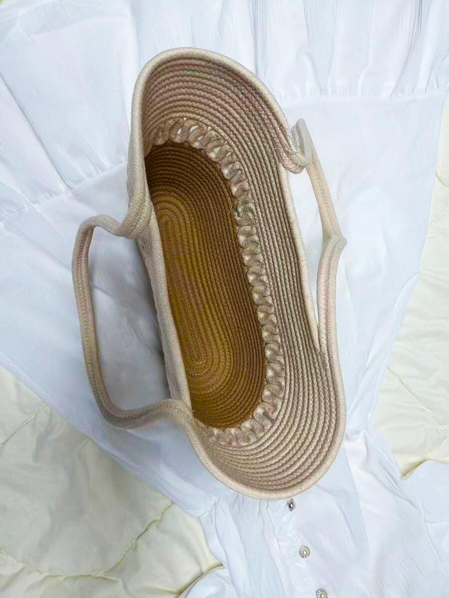 Large Capacity Straw Bag Double Handle Colorblock Knitting Kits Fabric Khaki Beach Bag Large Capacity Handmade Straw Summer Holiday Leisure Bag Women Bags Shopping Bags,Summer Essentials,Perfect For V