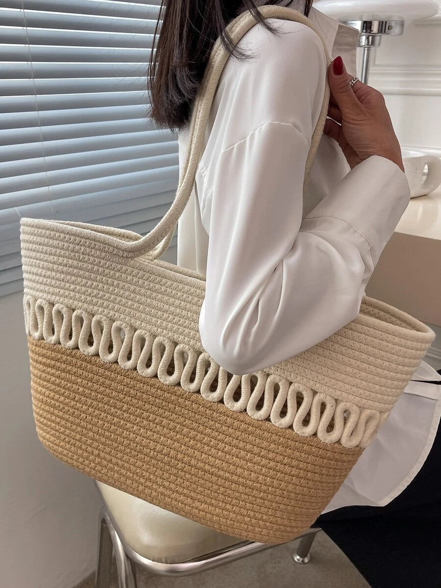 Large Capacity Straw Bag Double Handle Colorblock Knitting Kits Fabric Khaki Beach Bag Large Capacity Handmade Straw Summer Holiday Leisure Bag Women Bags Shopping Bags,Summer Essentials,Perfect For V