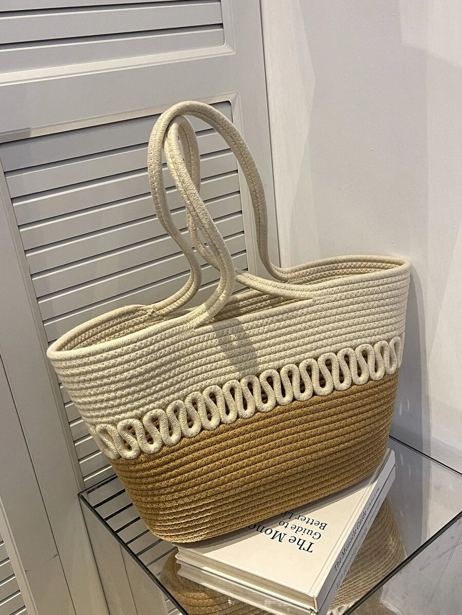 Large Capacity Straw Bag Double Handle Colorblock Knitting Kits Fabric Khaki Beach Bag Large Capacity Handmade Straw Summer Holiday Leisure Bag Women Bags Shopping Bags,Summer Essentials,Perfect For V