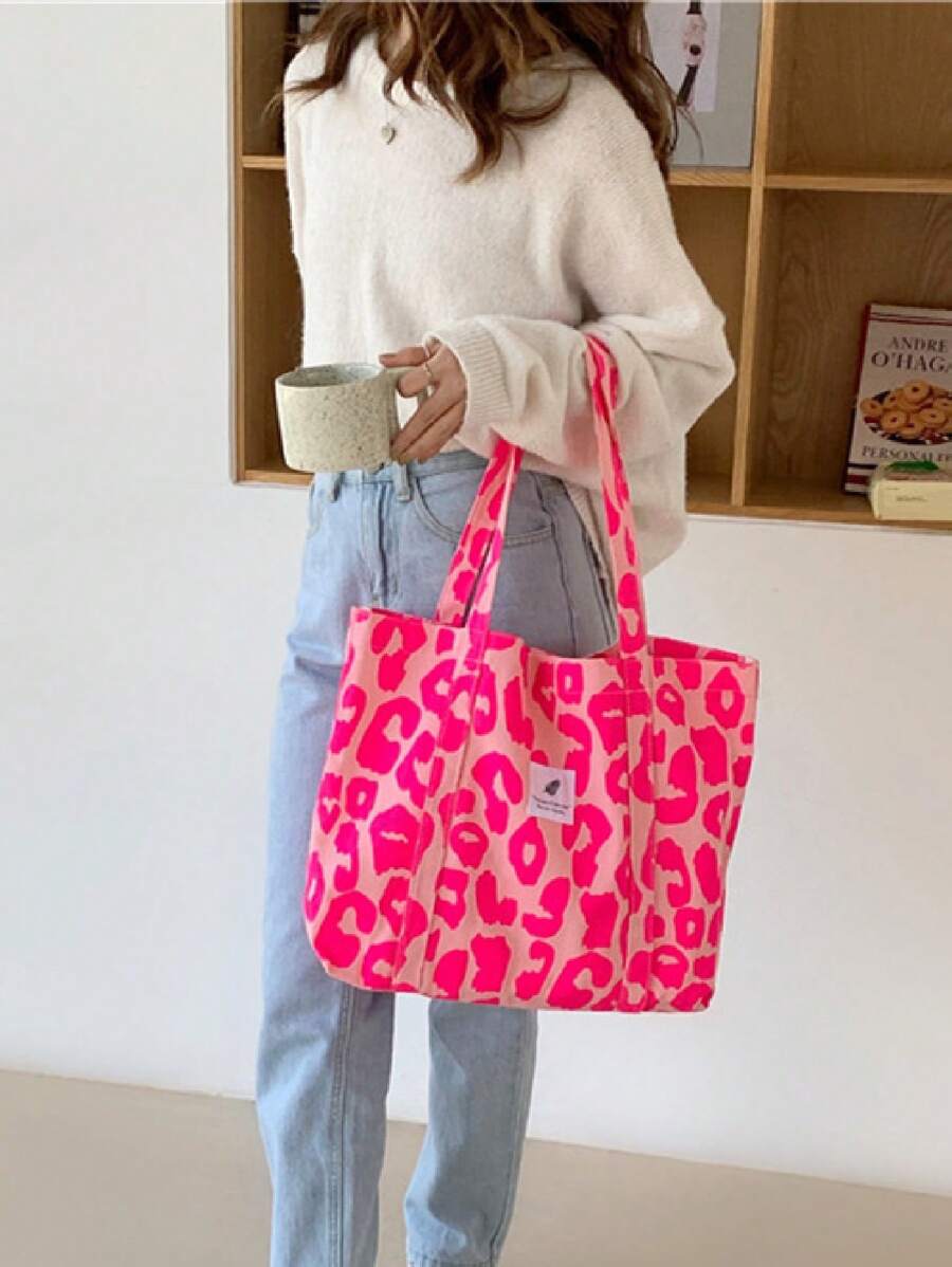 Sweet Pink Cow Print Fabric Cherry Corduroy Warm Winter New Shoulder Tote Shopping Handbag