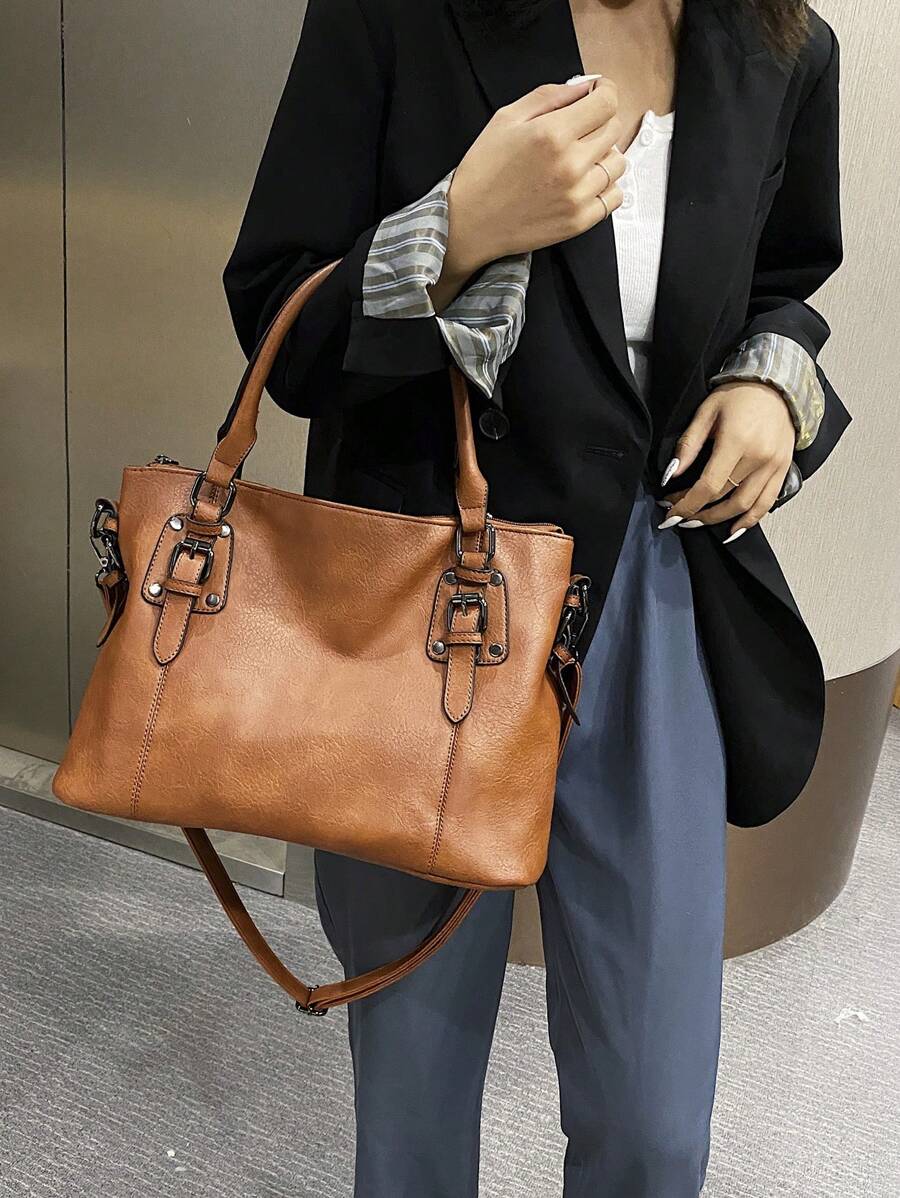 Simple Fashion Buckle Detail Shoulder Tote Bag Purse Set, Eye-Catching Work Bags For Women