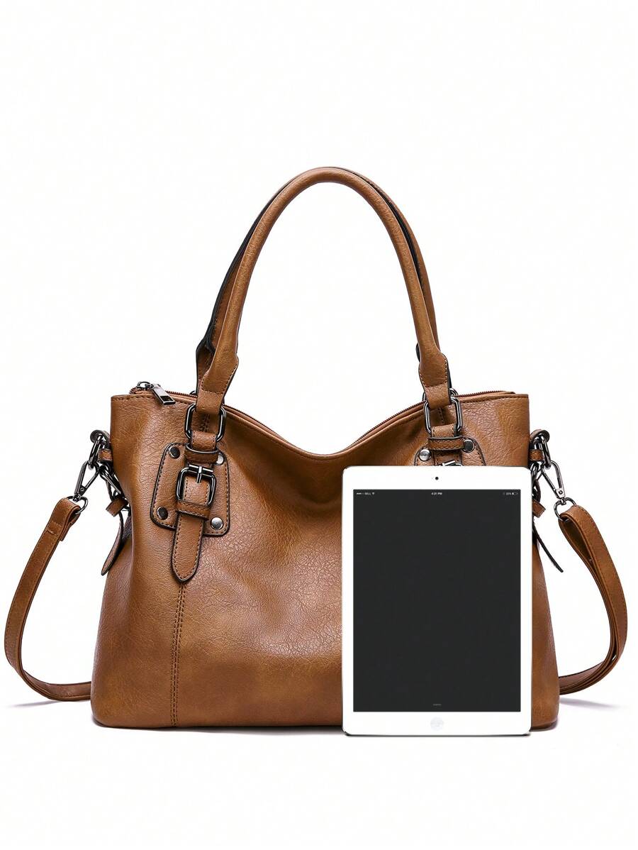 Simple Fashion Buckle Detail Shoulder Tote Bag Purse Set, Eye-Catching Work Bags For Women