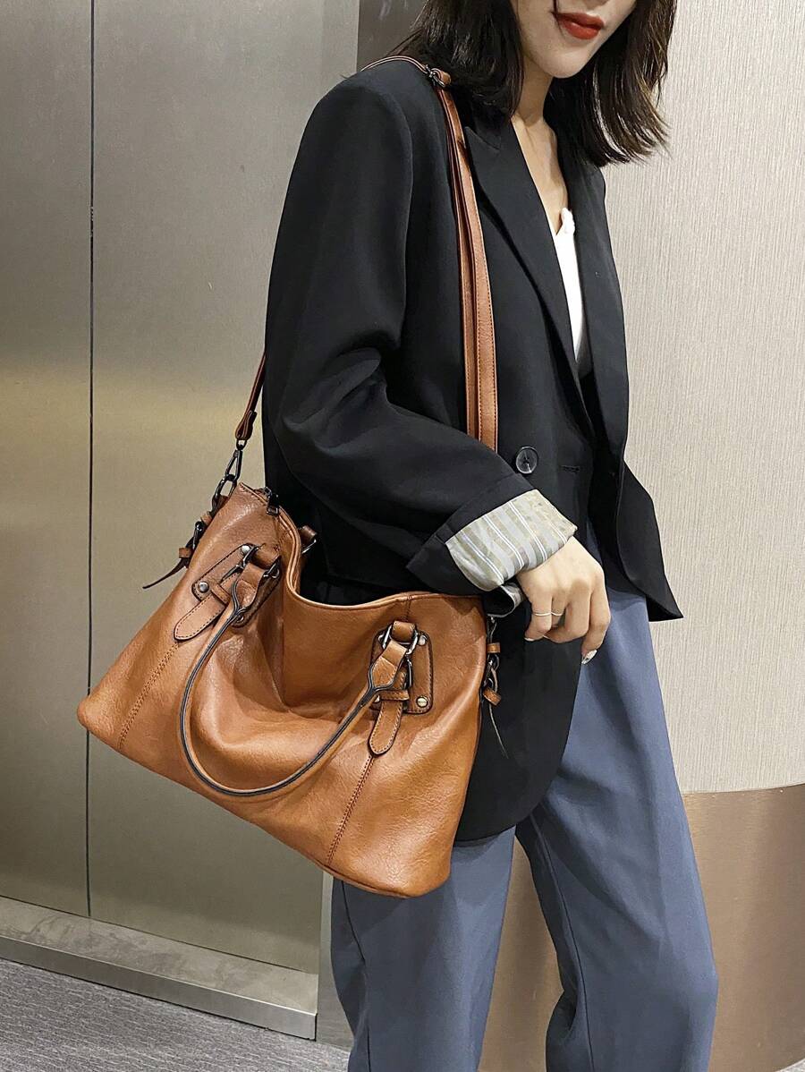 Simple Fashion Buckle Detail Shoulder Tote Bag Purse Set, Eye-Catching Work Bags For Women