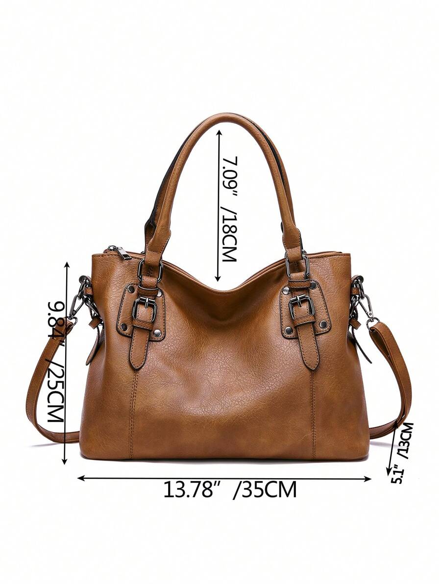 Simple Fashion Buckle Detail Shoulder Tote Bag Purse Set, Eye-Catching Work Bags For Women