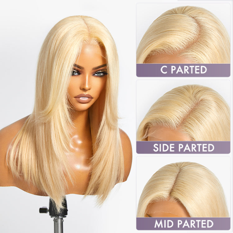 613 Blonde Curtain Bangs Layered Cut Glueless 5x5 Closure HD Lace Wig
