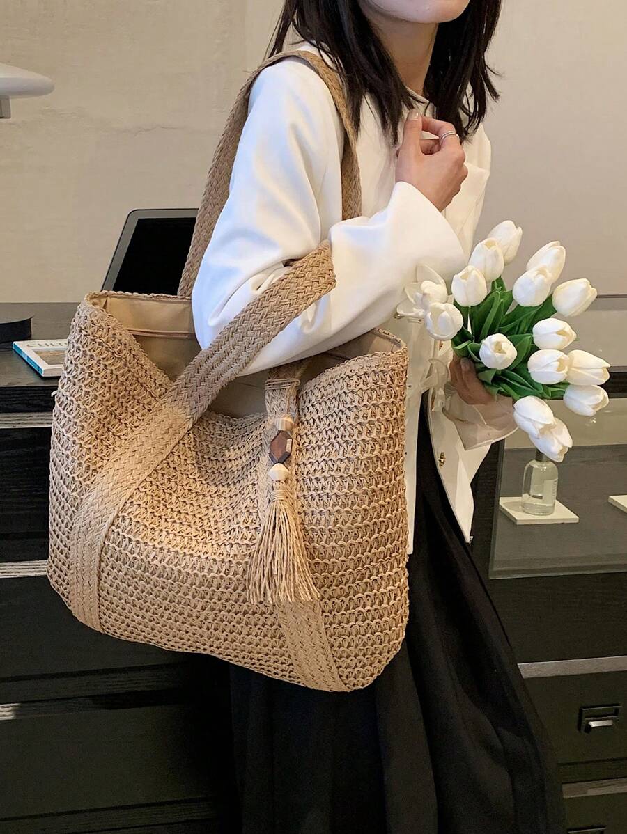 Bag Fashionable Tote Bag Solid Color Fringed Large Capacity Women's Bag,Beach Essentials,Summer Essentials Women Bags For Vacation & Holiday,School Bag,Large Capacity,Portable,Classic Casual,For Teen