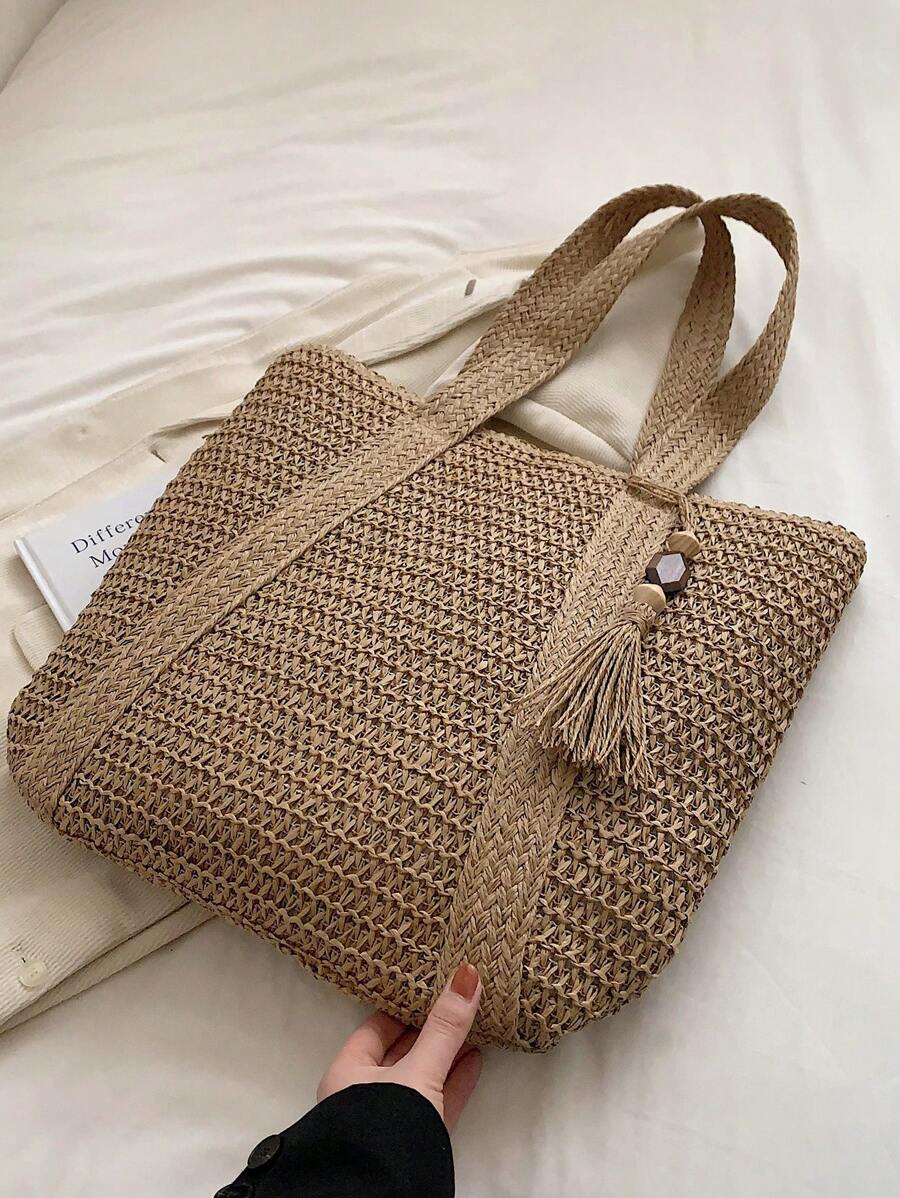 Bag Fashionable Tote Bag Solid Color Fringed Large Capacity Women's Bag,Beach Essentials,Summer Essentials Women Bags For Vacation & Holiday,School Bag,Large Capacity,Portable,Classic Casual,For Teen