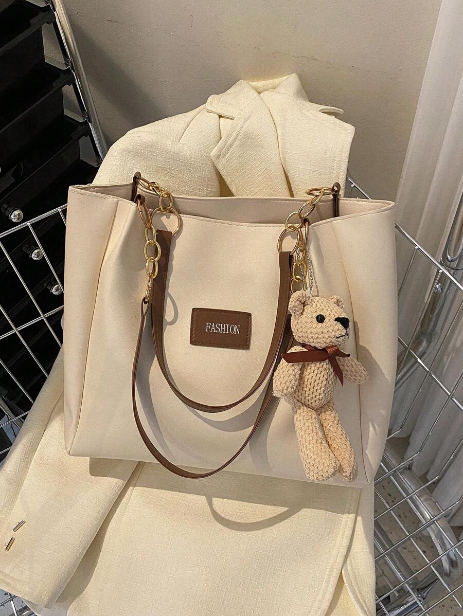 Chain & Letter Patch Decor Shoulder Tote Bag Double Handle PU With Cartoon Bear Bag Charm, Mother's Day Gift For Mom Large Capacity Women's Tote Bag, All-Match Lightweight Carry On Handbag, Versatile