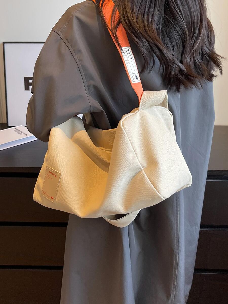 Fashion Women's Minimalist Versatile Canvas Tote Bag, Large Capacity Wide Strap Shoulder Bag, Casual Color-Block Fabric Bag With Zipper Closure, Pillow Bag, Suitable For Daily Use, College Style Stude