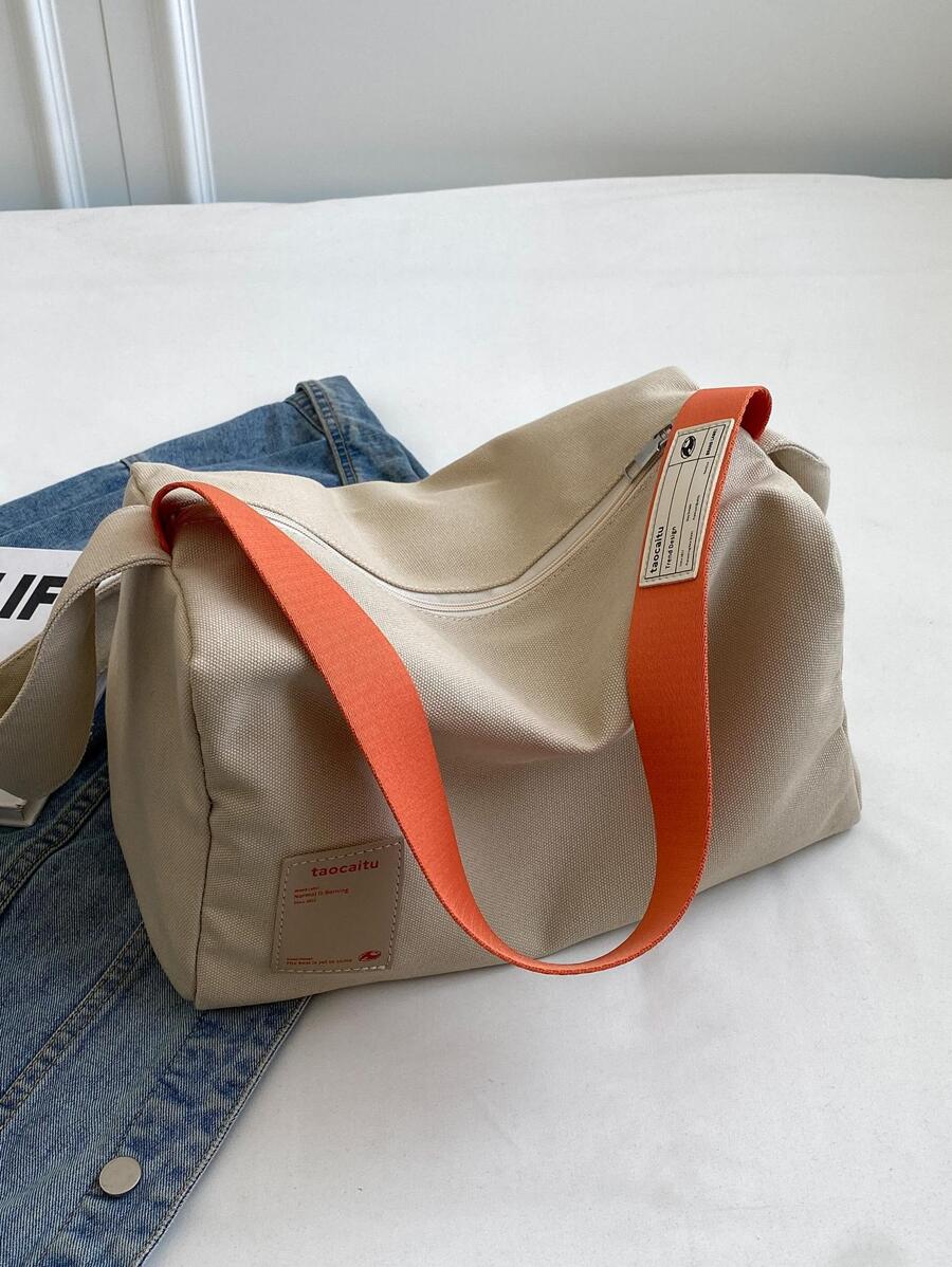 Fashion Women's Minimalist Versatile Canvas Tote Bag, Large Capacity Wide Strap Shoulder Bag, Casual Color-Block Fabric Bag With Zipper Closure, Pillow Bag, Suitable For Daily Use, College Style Stude