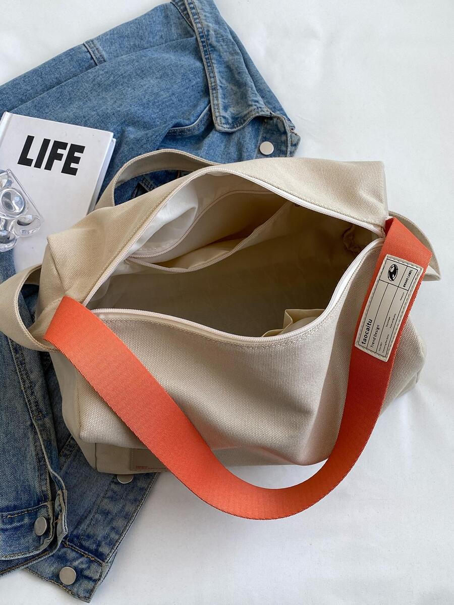 Fashion Women's Minimalist Versatile Canvas Tote Bag, Large Capacity Wide Strap Shoulder Bag, Casual Color-Block Fabric Bag With Zipper Closure, Pillow Bag, Suitable For Daily Use, College Style Stude
