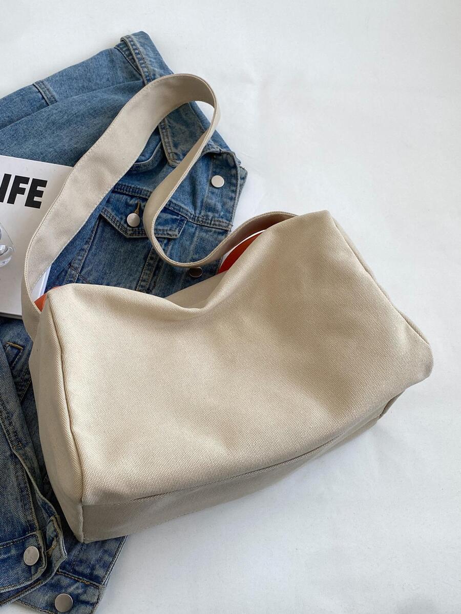 Fashion Women's Minimalist Versatile Canvas Tote Bag, Large Capacity Wide Strap Shoulder Bag, Casual Color-Block Fabric Bag With Zipper Closure, Pillow Bag, Suitable For Daily Use, College Style Stude