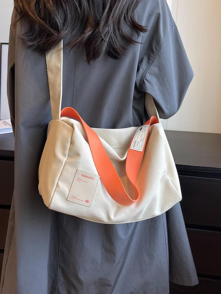 Fashion Women's Minimalist Versatile Canvas Tote Bag, Large Capacity Wide Strap Shoulder Bag, Casual Color-Block Fabric Bag With Zipper Closure, Pillow Bag, Suitable For Daily Use, College Style Stude