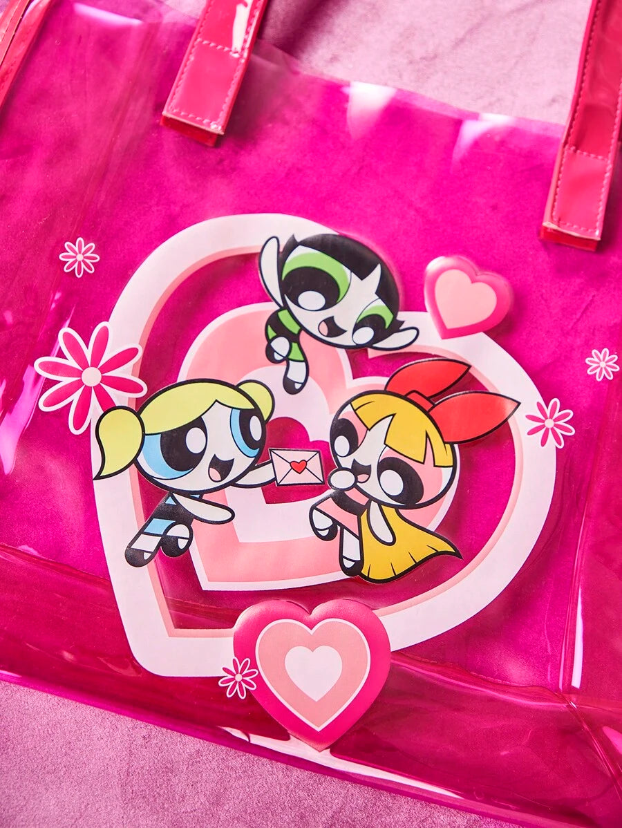 THE POWERPUFF GIRLS X Cartoon Girls Print Polyester Foldable Tote Bag, Compact Fold Design For Grocery Shopping, Daily Errands And Travel Use