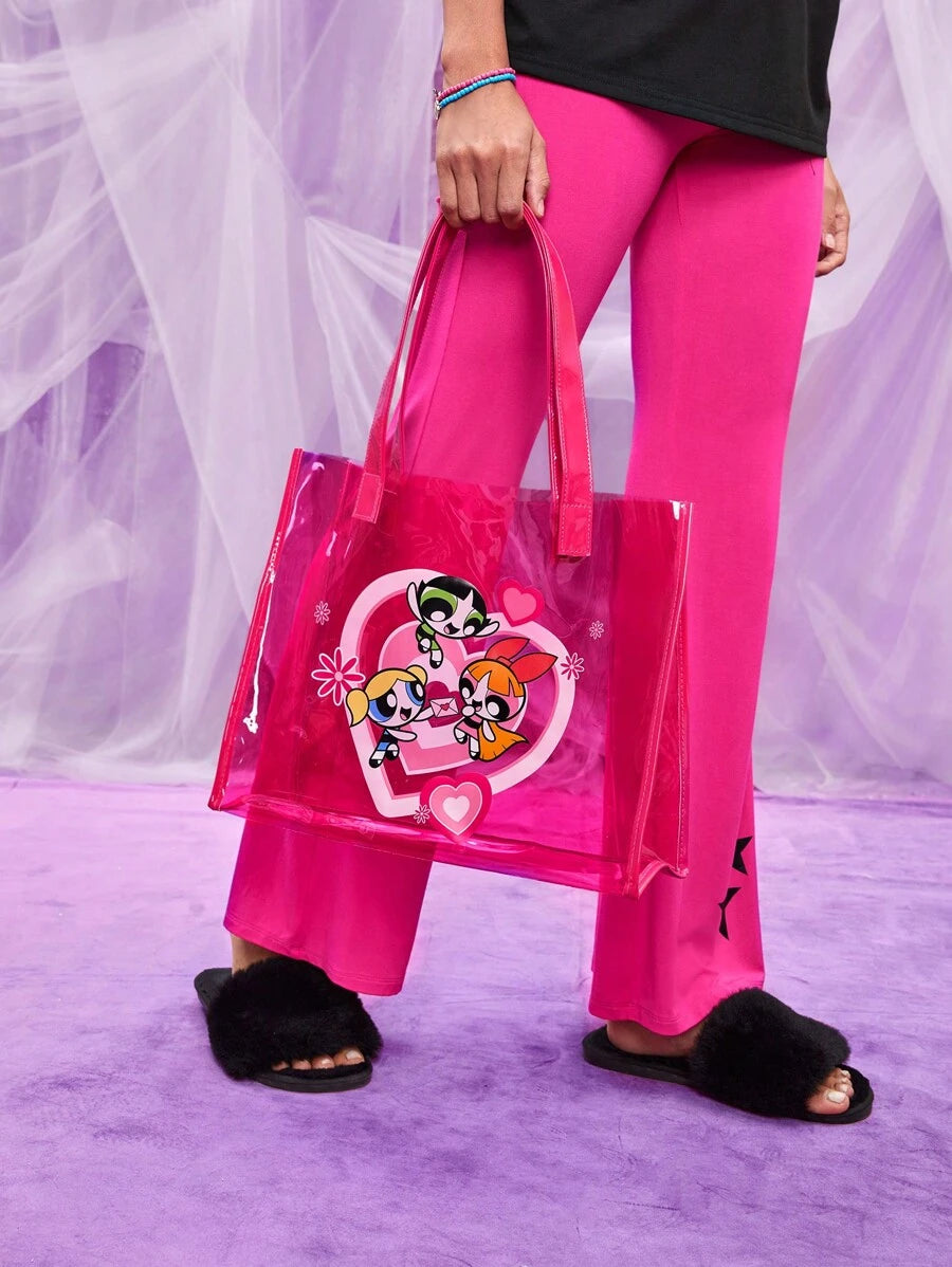 THE POWERPUFF GIRLS X 1 Cute Cartoon Character Printed Polyester Foldable Shopping Bag, Tote Bag, With Small Storage Bag With Bead Chain, Can Be Hung On The Bag, Bubbles, Blossom, Buttercup, Jus