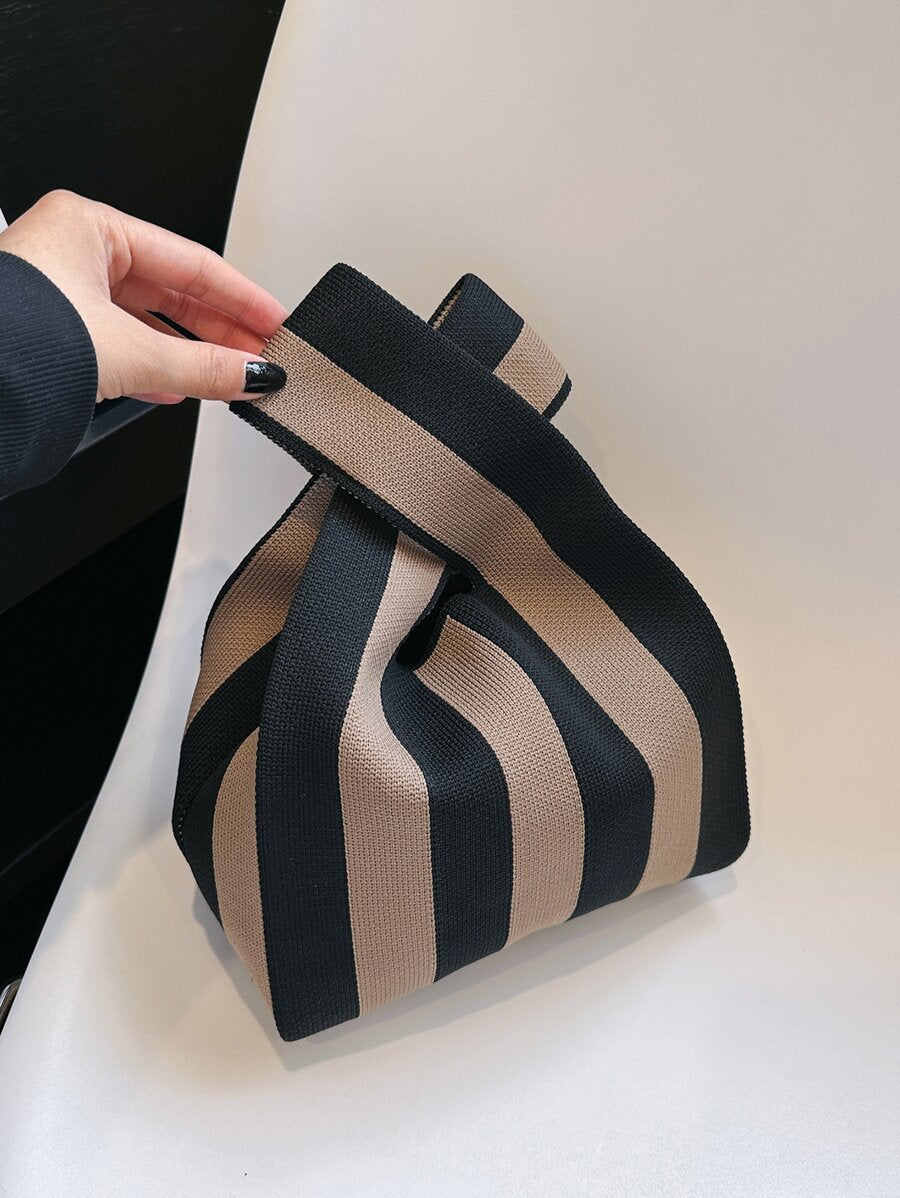 lulu kewen 1pc Handwoven Knotted Handle Tote Bag For Women, Plaid Striped Pattern, Polyester Woven Handbag